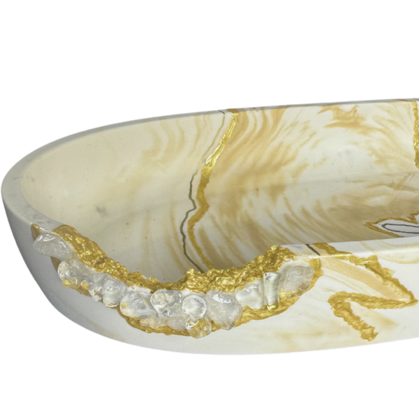 Terra Wave Jesmonite Jewelry Storage with marbled gold design, golden Kintsugi-inspired accents, and clear quartz embellishments, handcrafted in Dubai, UAE