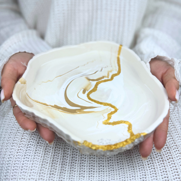 Handcrafted Serenity Jesmonite Bowl with golden marbled design and Kintsugi-inspired detailing, part of the Terra Series, made in Dubai, UAE.