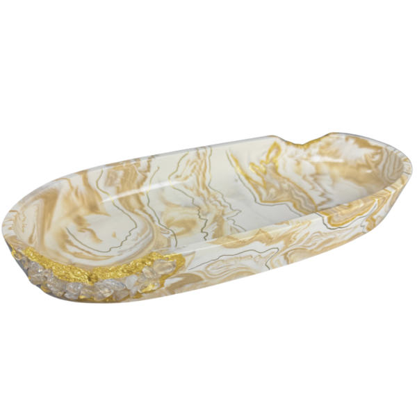 Terra Wave Jesmonite Jewelry Storage with an elegant golden marbled finish, Kintsugi-inspired accents, and clear quartz embellishments, handcrafted in Dubai, UAE