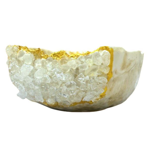 Kintsugi-inspired Serenity Jesmonite Bowl with clear quartz crystal embellishments and golden detailing, handcrafted for home decor in Dubai, UAE